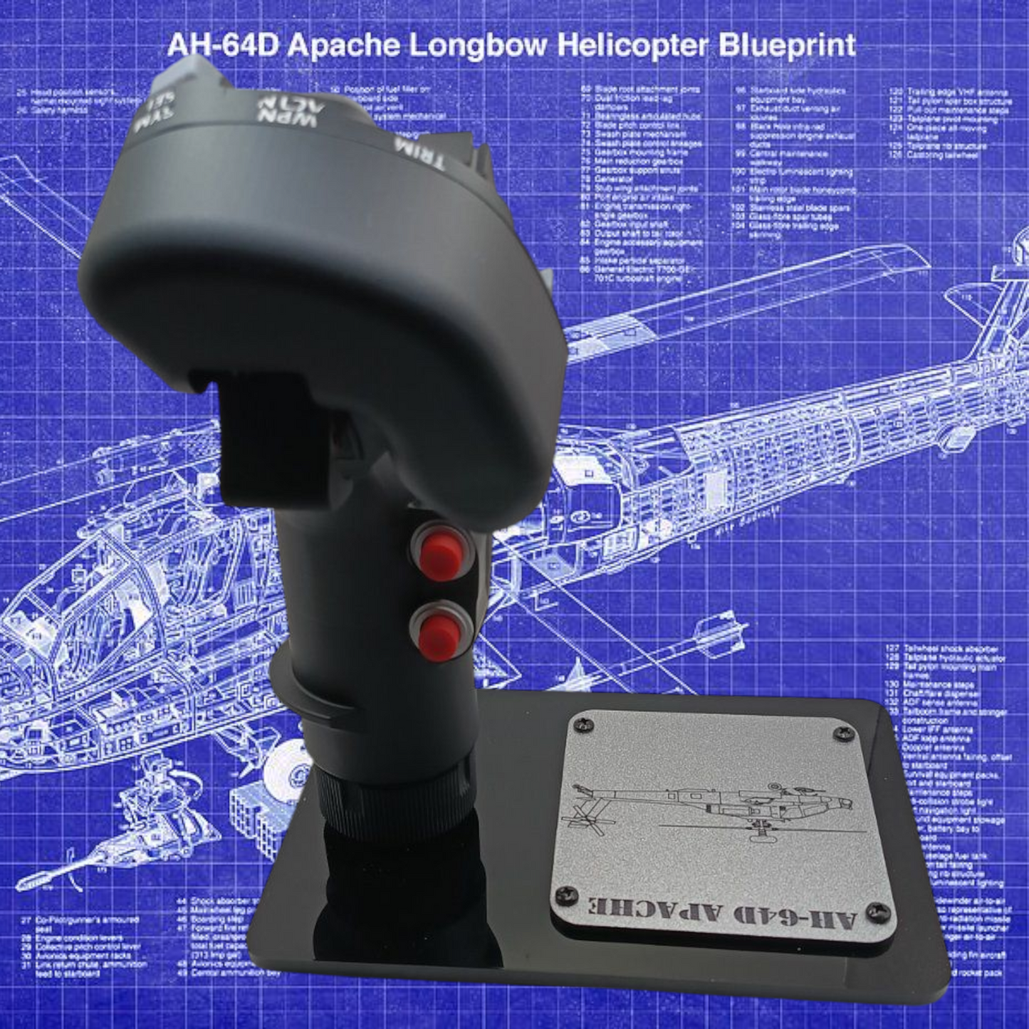 Rear view of AH-64D Apache replica grip with black display base.