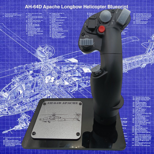 Front view of AH-64D Apache stick replica with black base and working switches.