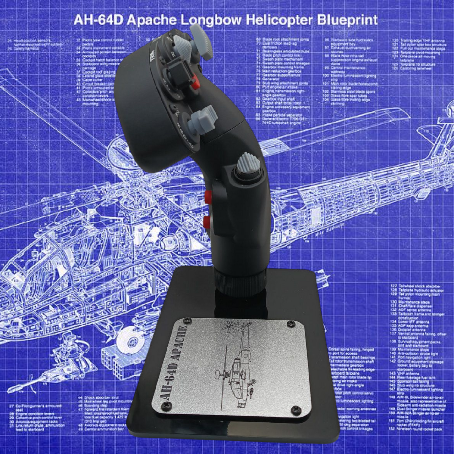 Left side of AH-64D control grip with black base showing detailed hat switches.
