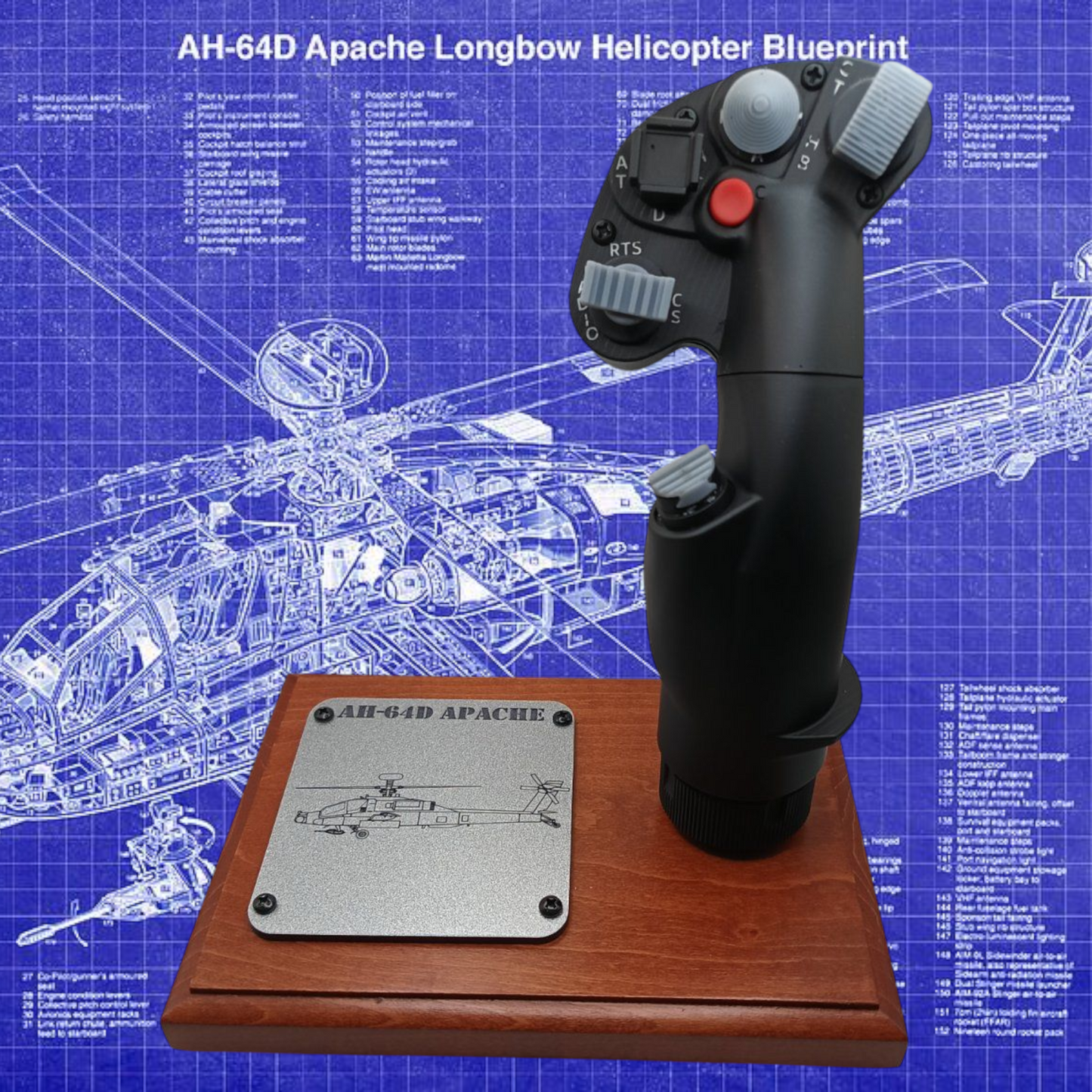 Front view of AH-64D stick replica with wood base and functional controls.