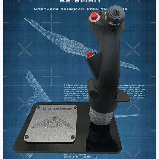 Front view of B-2 Spirit control stick replica with black display base.