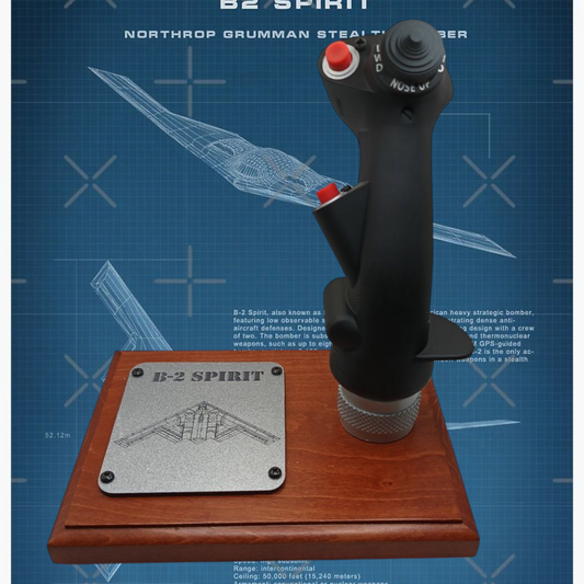 Front view of B-2 Spirit control stick replica on wood display base.