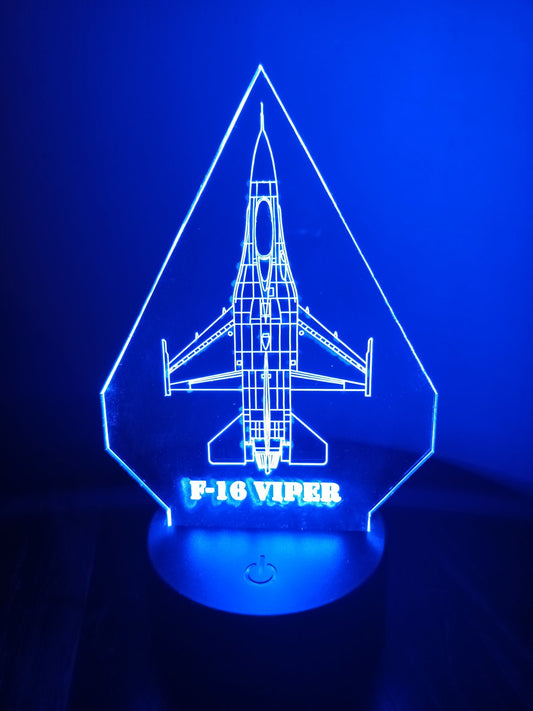 F-16 desk lamp illuminated in blue on RGB LED base.