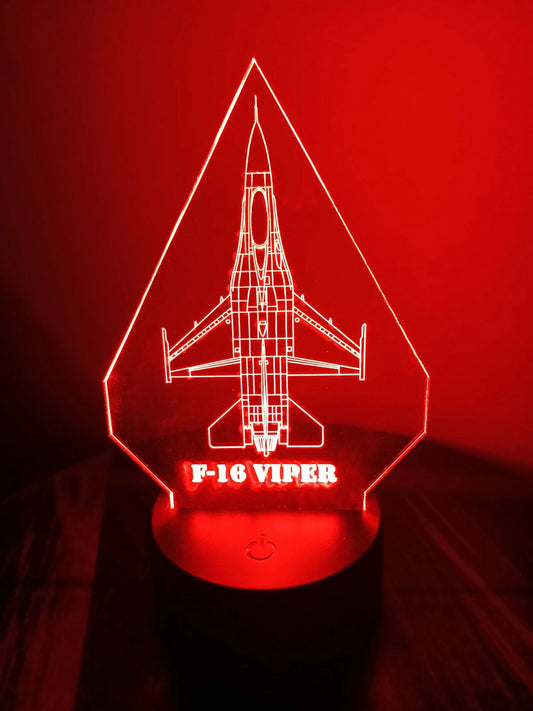 F-16 Fighting Falcon LED light glowing red with jet silhouette.