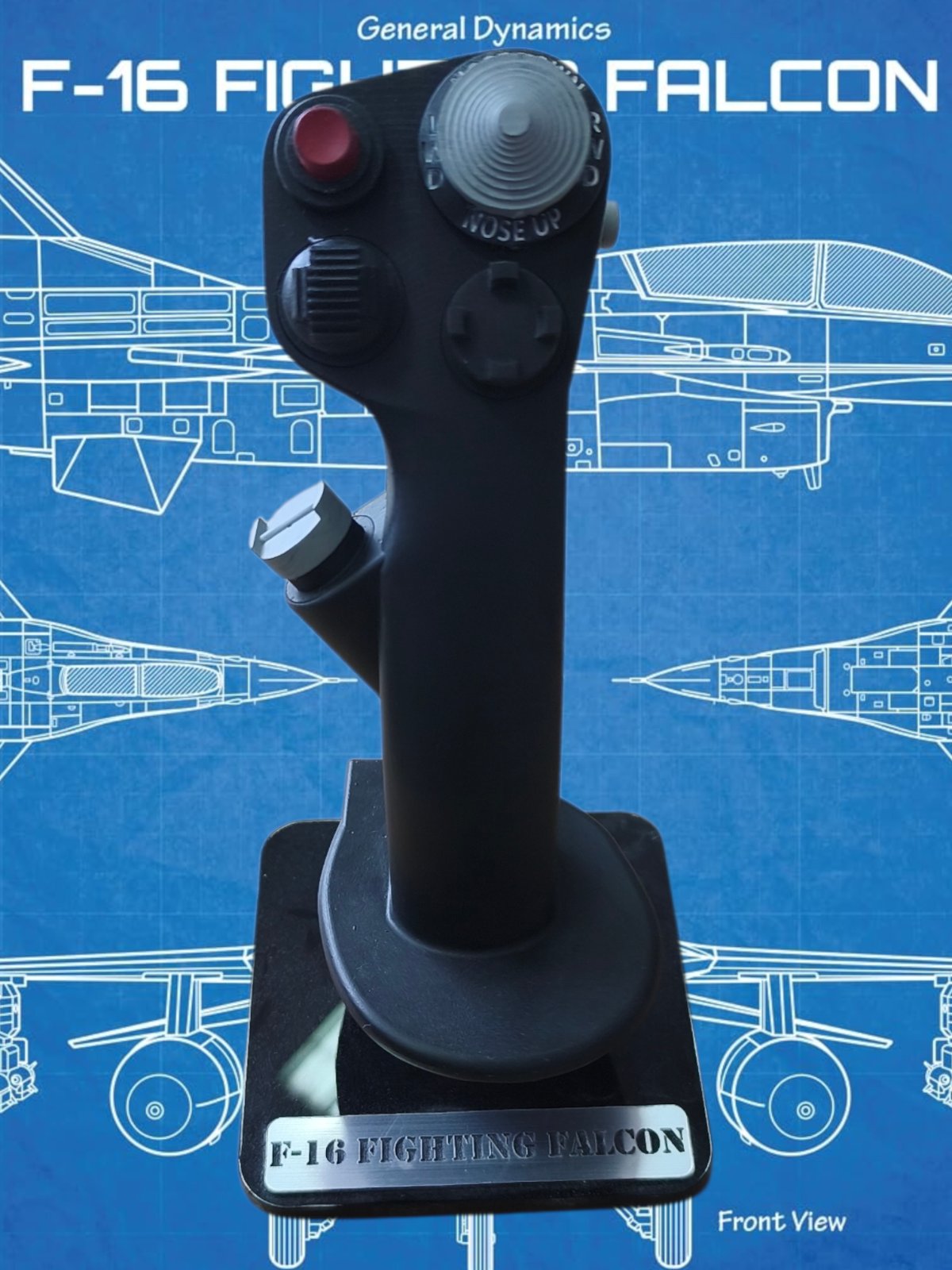 Joystick with 'F-16 Fighting Falcon' branding on a blue background with aircraft illustrations