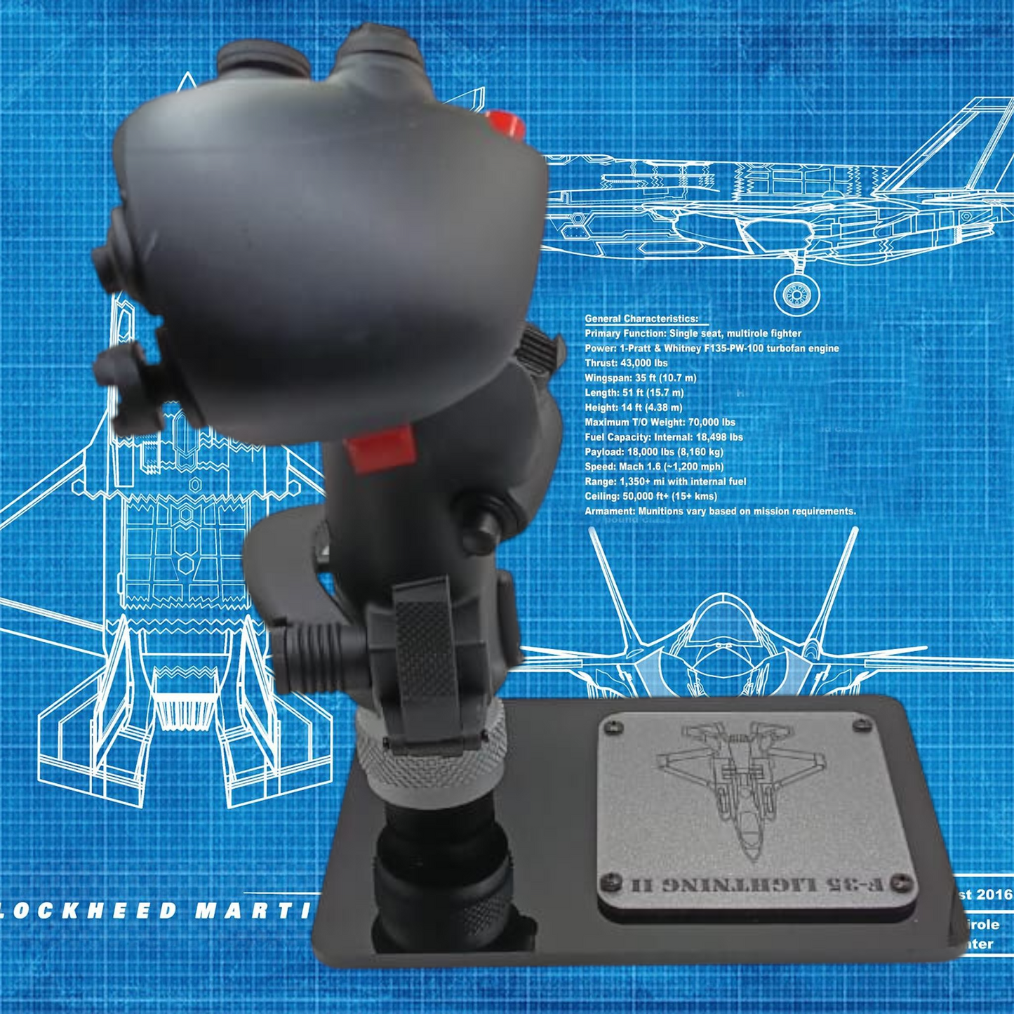 Rear angle of F-35 Lightning II replica stick mounted on black base.
