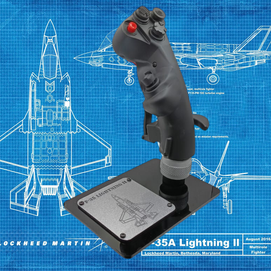 Left side of F-35 Lightning II stick replica on black display base.