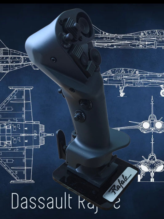Black joystick with 'Rafale' branding on a blue background with technical drawings