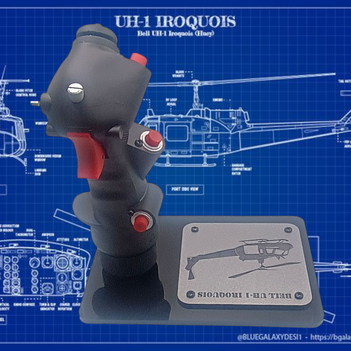 Rear angle of UH-1 replica stick with dark base and switch details.
