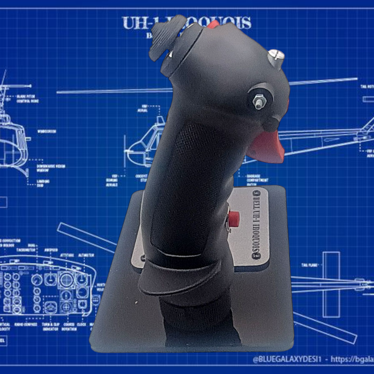 Right side of UH-1 cyclic grip replica with black presentation base.