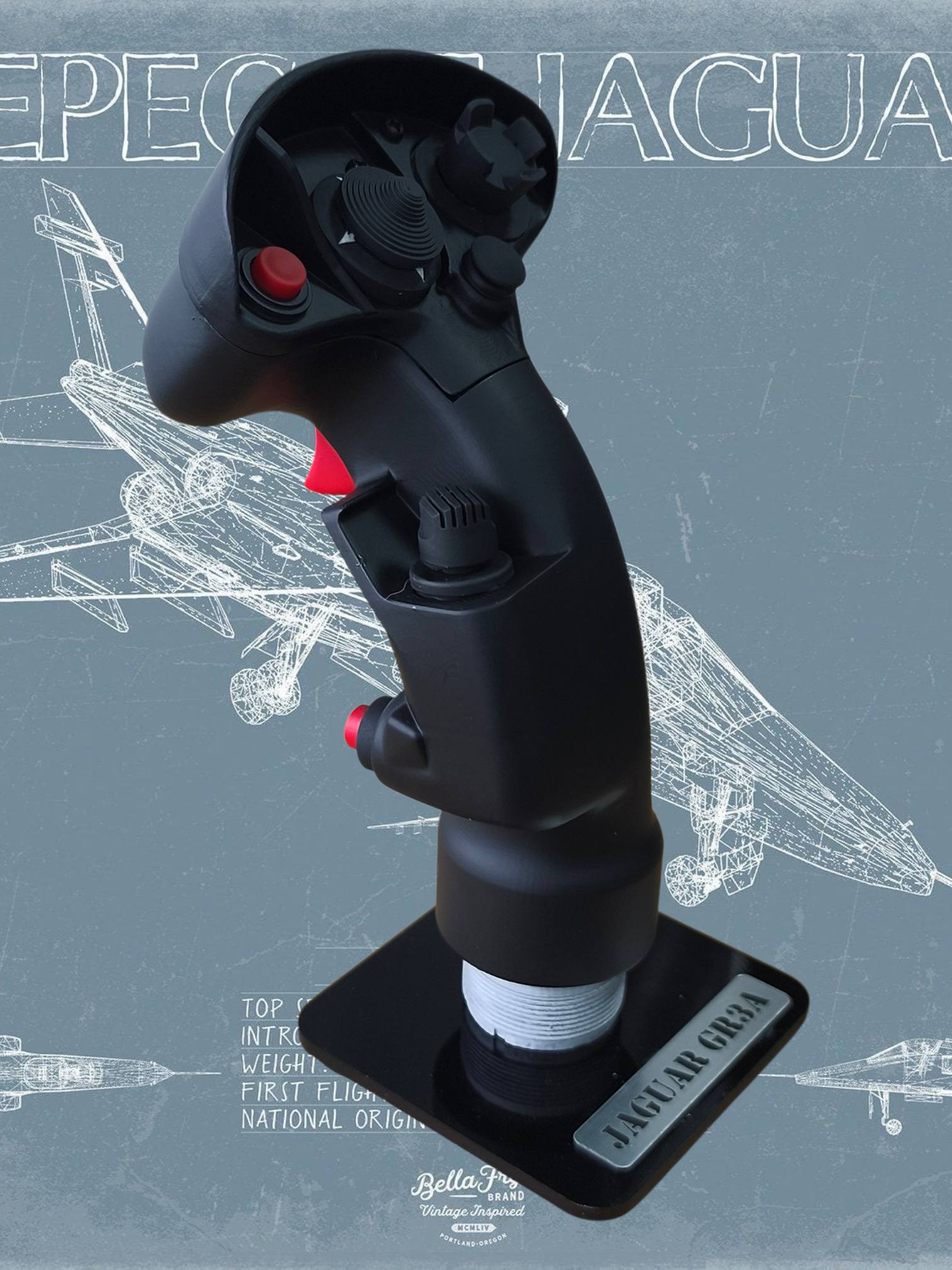 Black joystick controller with red buttons on a blue background with technical drawings
