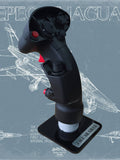 Black joystick controller with red buttons on a blue background with technical drawings