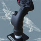 Black joystick controller with red buttons on a gray background with airplane illustrations