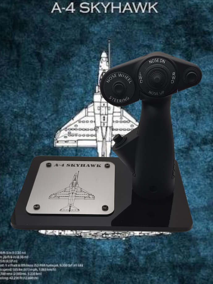 Black joystick with A-4 Skyhawk branding on a blue textured background