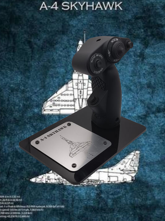 Black joystick with 'A-4 Skyhawk' branding against a blue background with aircraft illustrations.