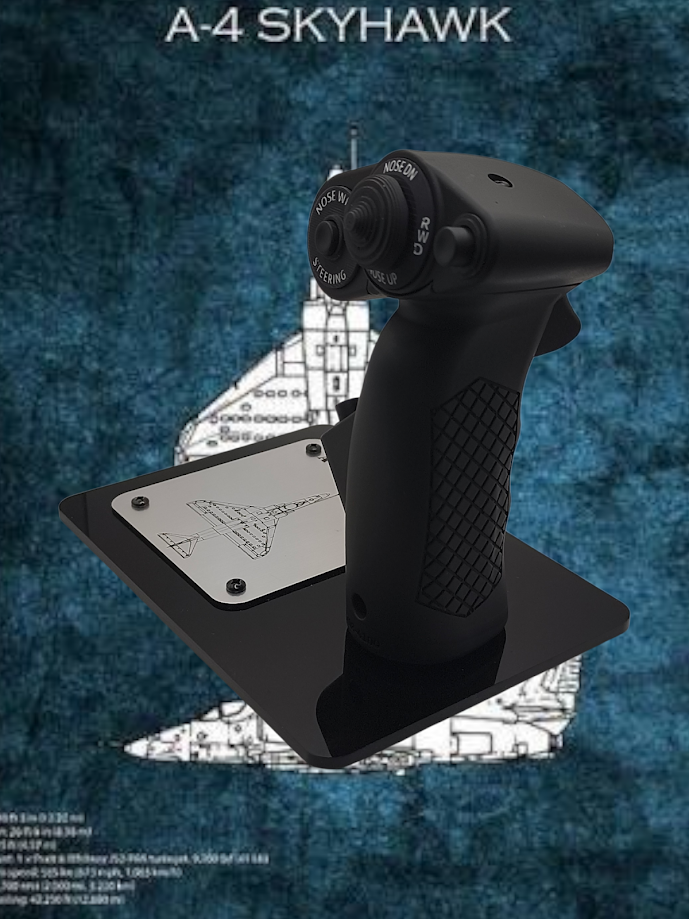 Black joystick with 'A-4 Skyhawk' text on a blue textured background