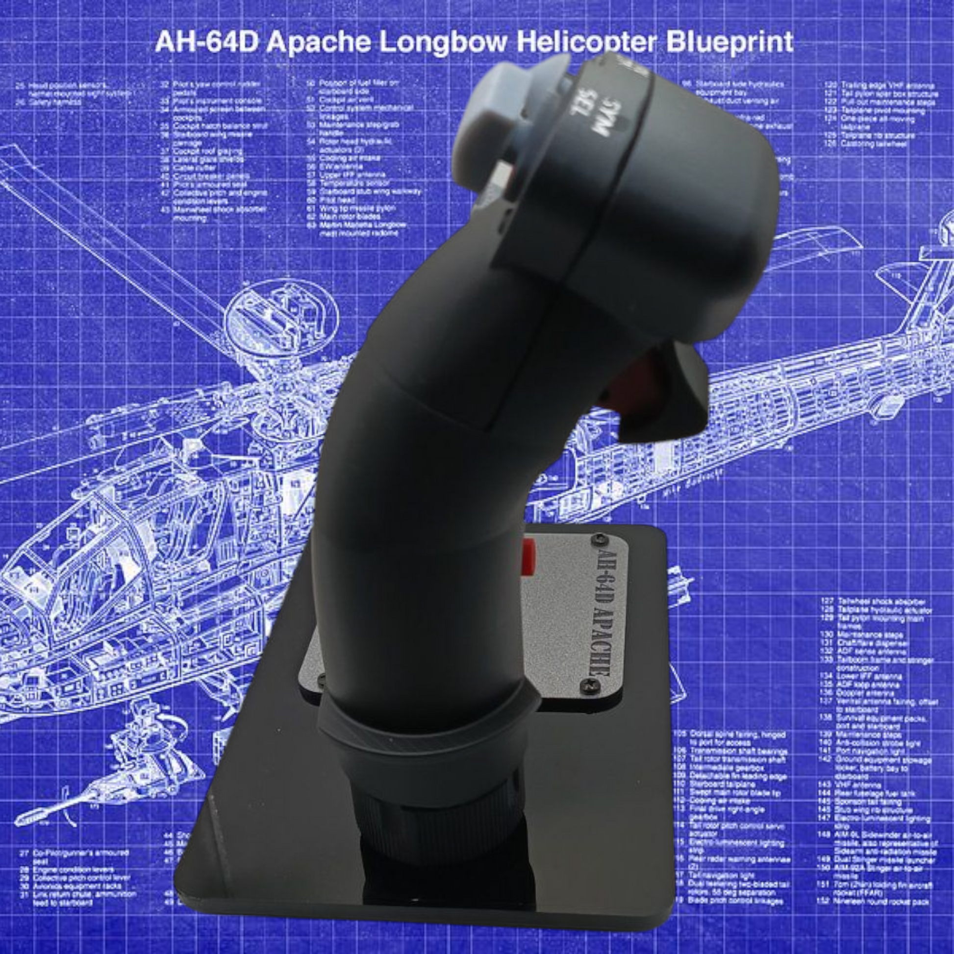 Right angle of AH-64D stick replica on black base for collectors and display.