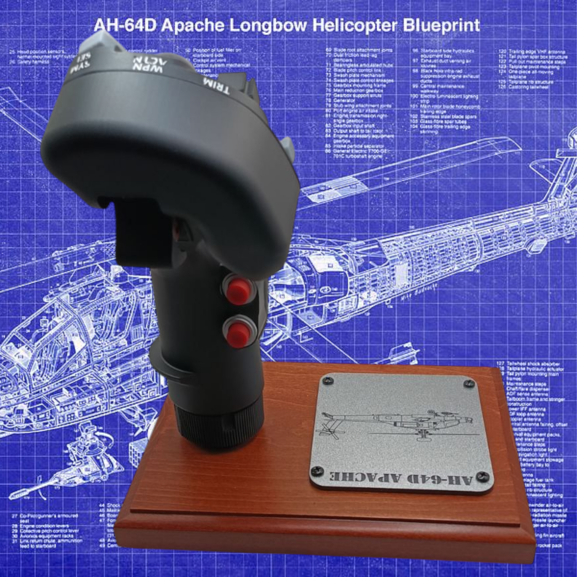Rear view of full-scale AH-64D stick on display-ready wood base.