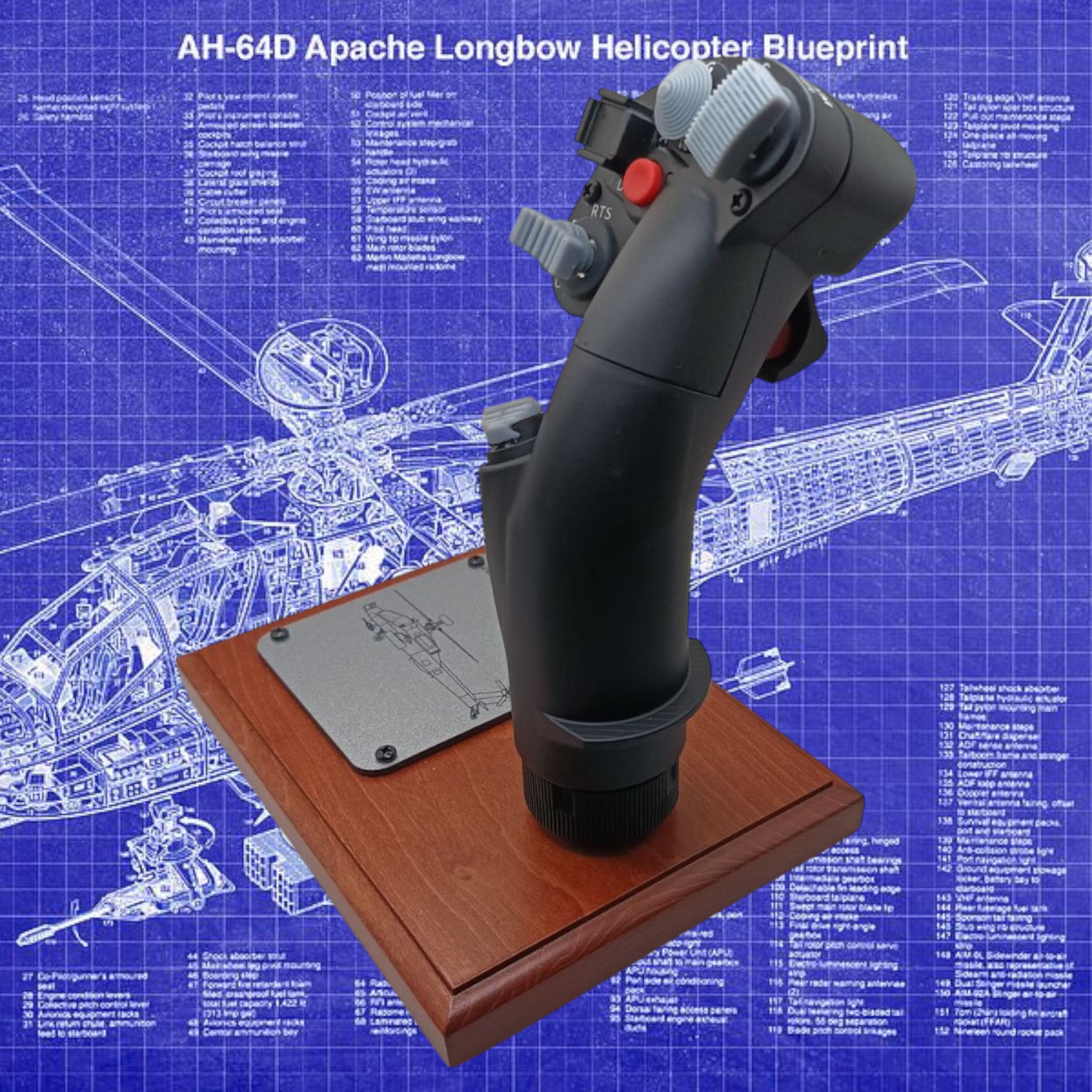 Right angle of AH-64D grip replica on polished wood base for collectors.