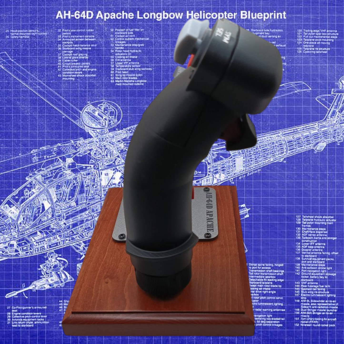 Right angle of AH-64D stick replica on black base for collectors and display.