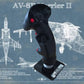 Black joystick with red buttons on a blue background with aircraft illustrations