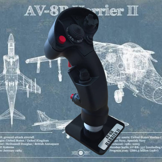 Black joystick with red buttons on a blue background with aircraft illustrations