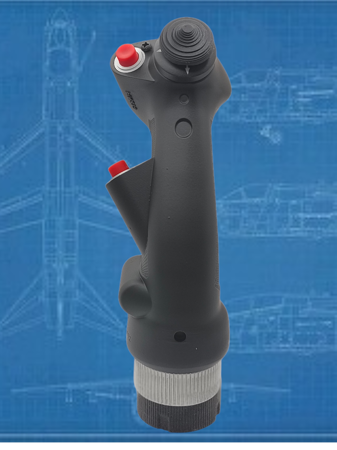 Black handheld tool with red buttons on a blue technical drawing background