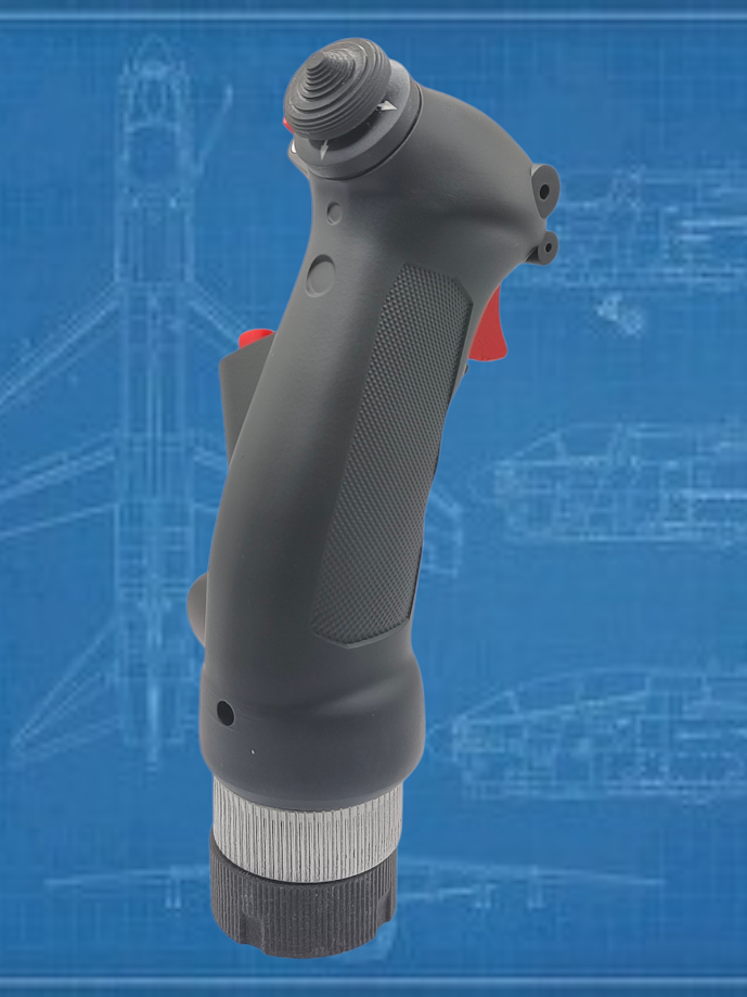 Gray spray gun on a blue technical drawing background
