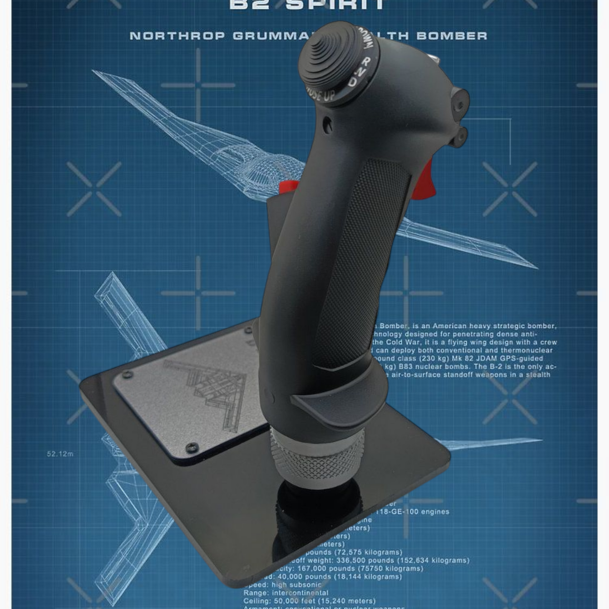 Left side of B-2 stealth bomber stick replica on black base.