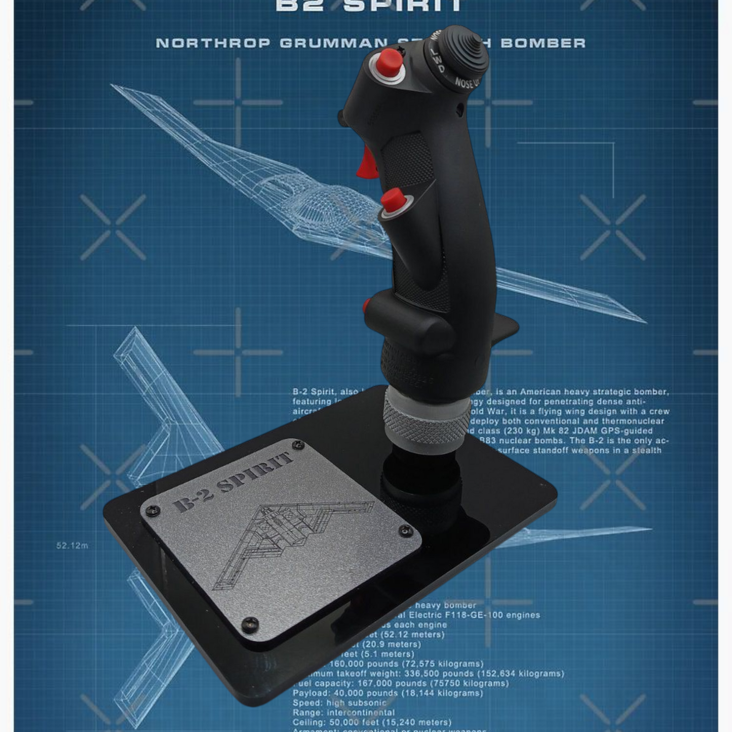 Left side of B-2 stealth bomber stick replica on black base.