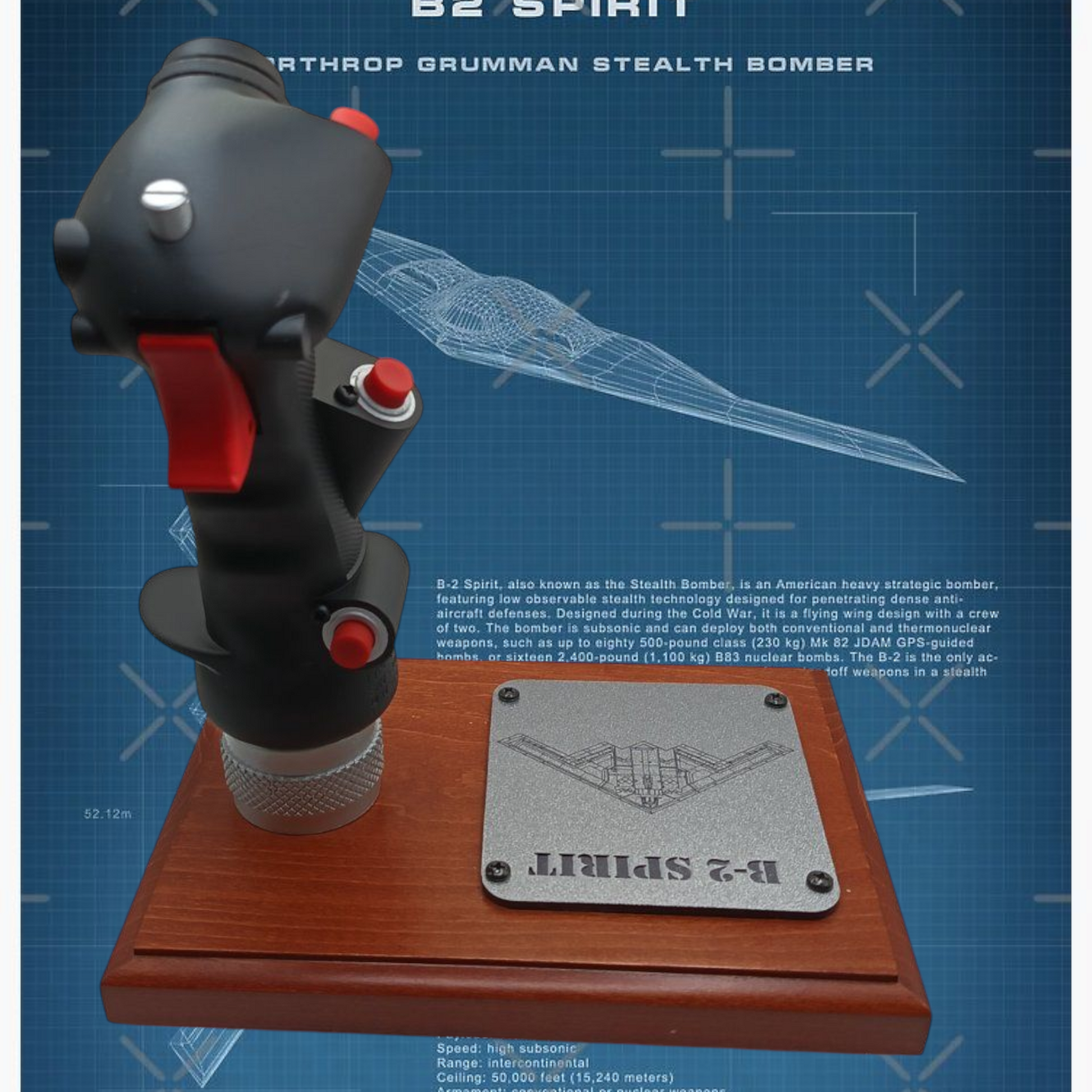 Rear view of B-2 control stick replica with polished wood base.