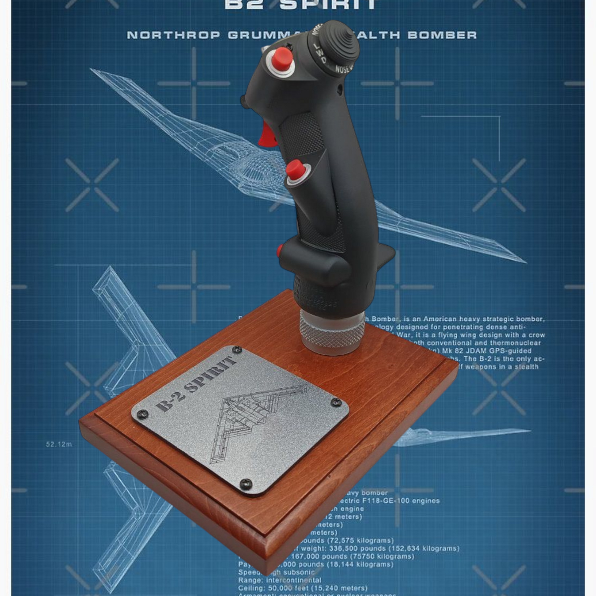 Left view of B-2 bomber grip replica with wooden base and switches.