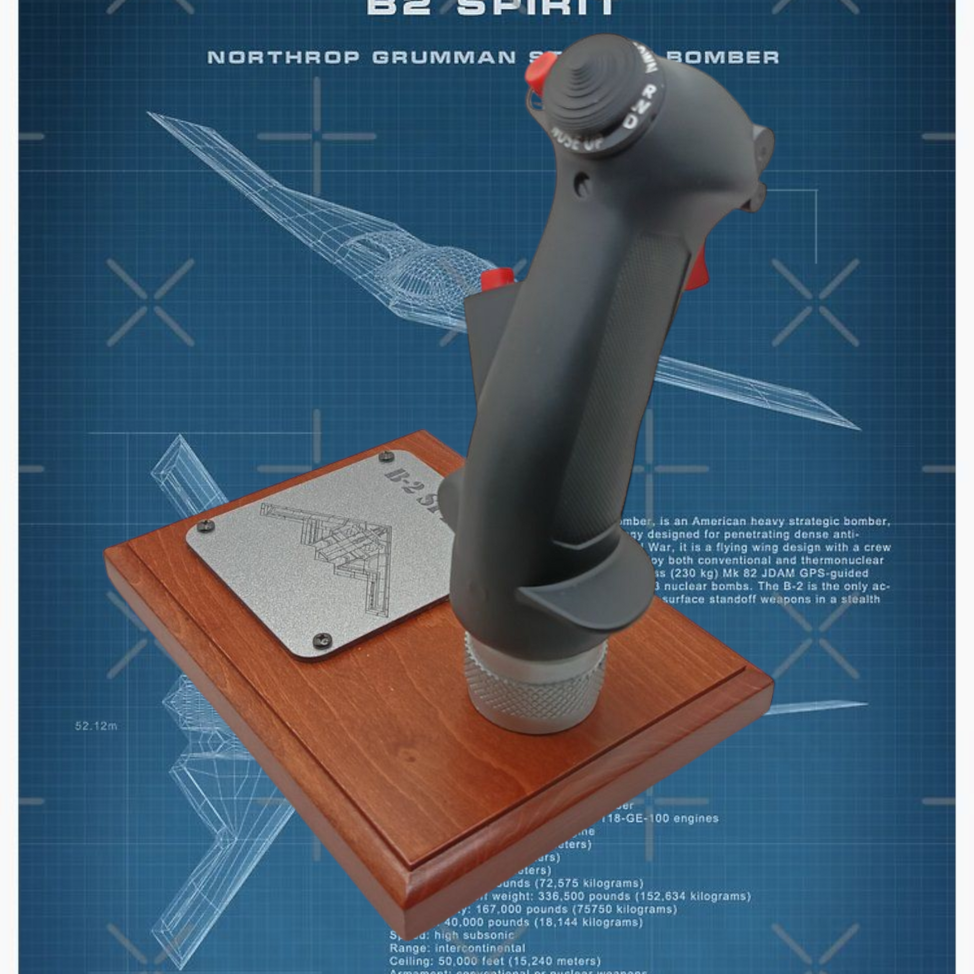 Right angle of B-2 stick replica with functional controls and wood base.