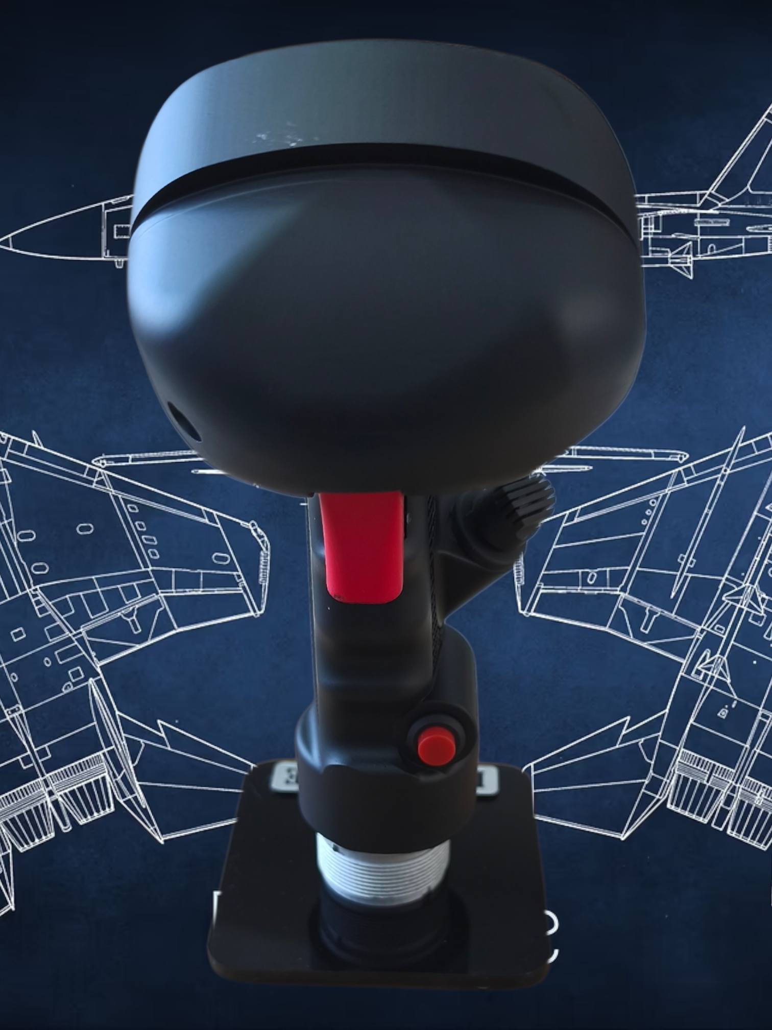 Black and red tool on a blue background with technical drawings