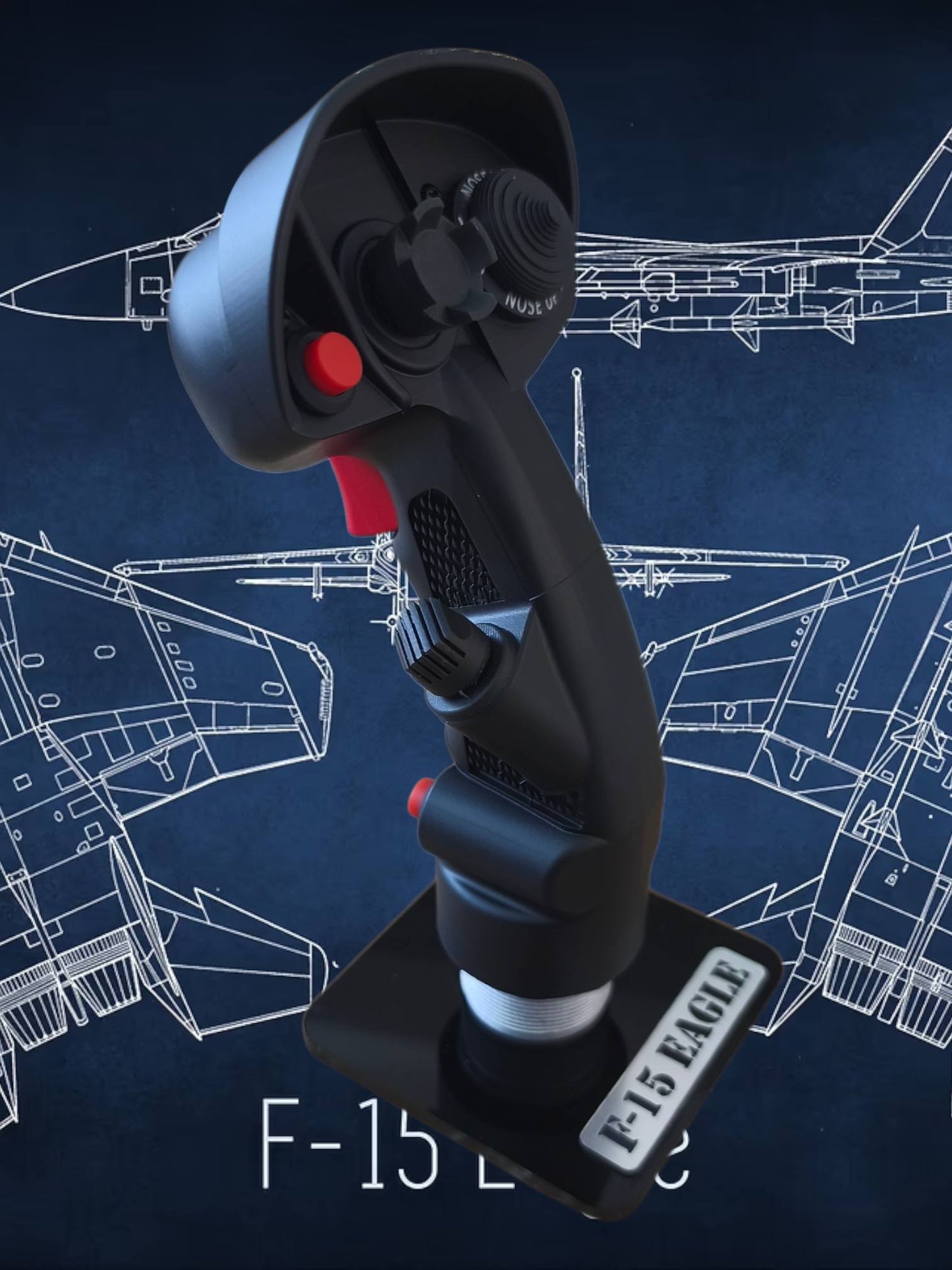 Joystick with 'F-15 Eagle' branding on a blue background with airplane outlines