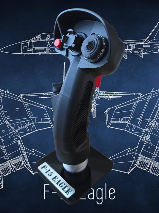 Black joystick with red buttons on a blue background with airplane schematics