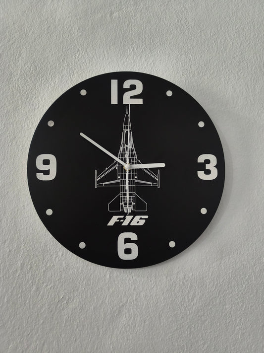 Wall clock with F16 design on a gray wall