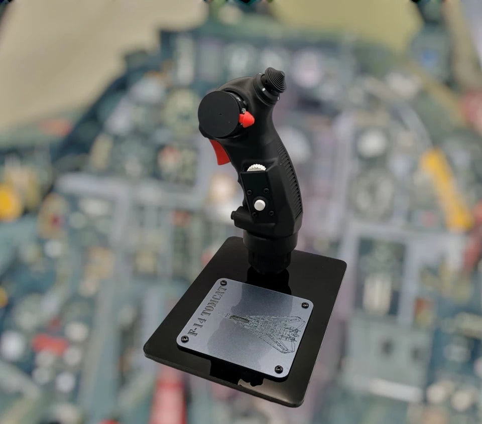 Side of 1:1 scale F-14 replica control stick with switches and trims.