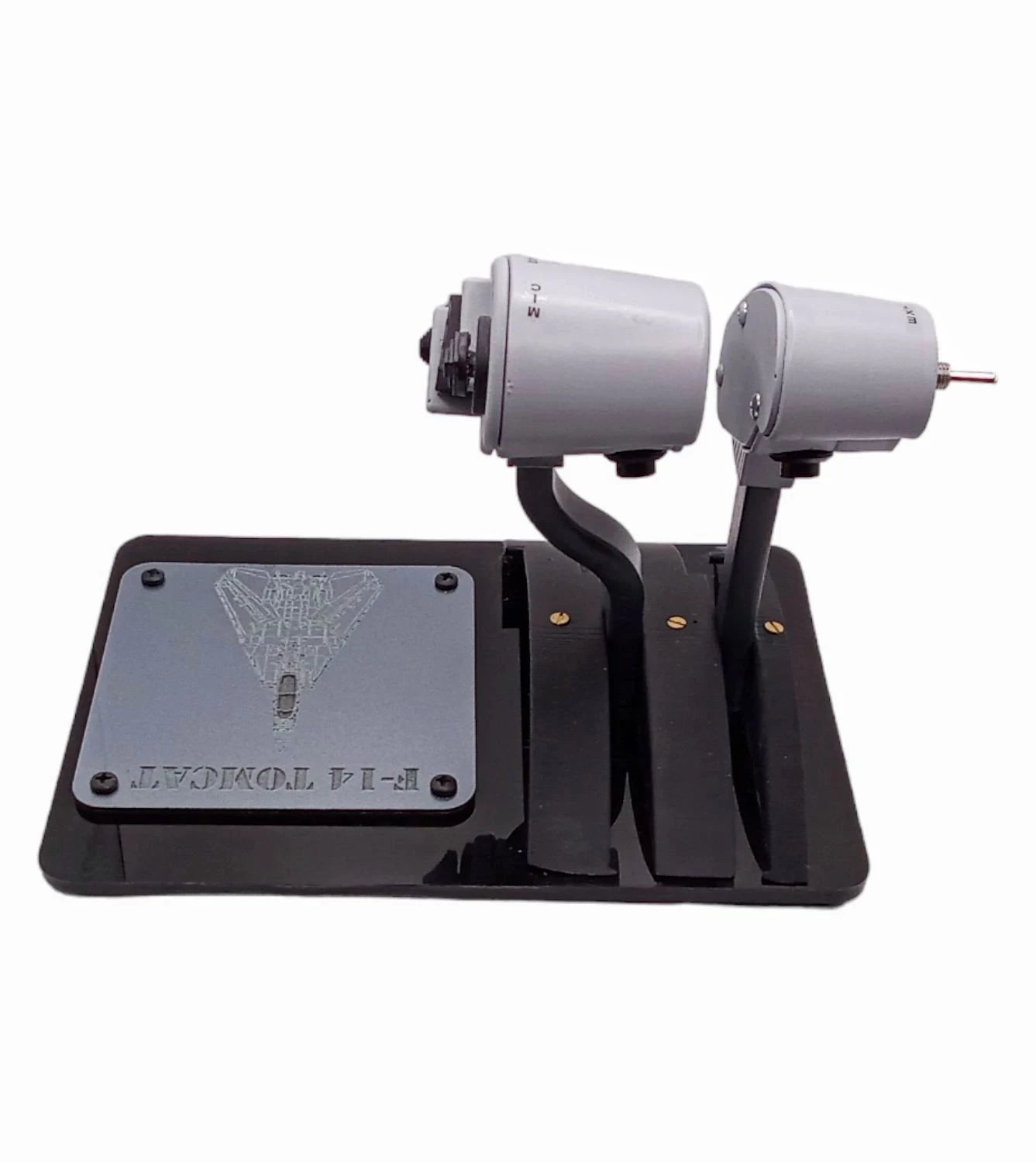 Front view of F-14 throttle replica showing twin lever controls.