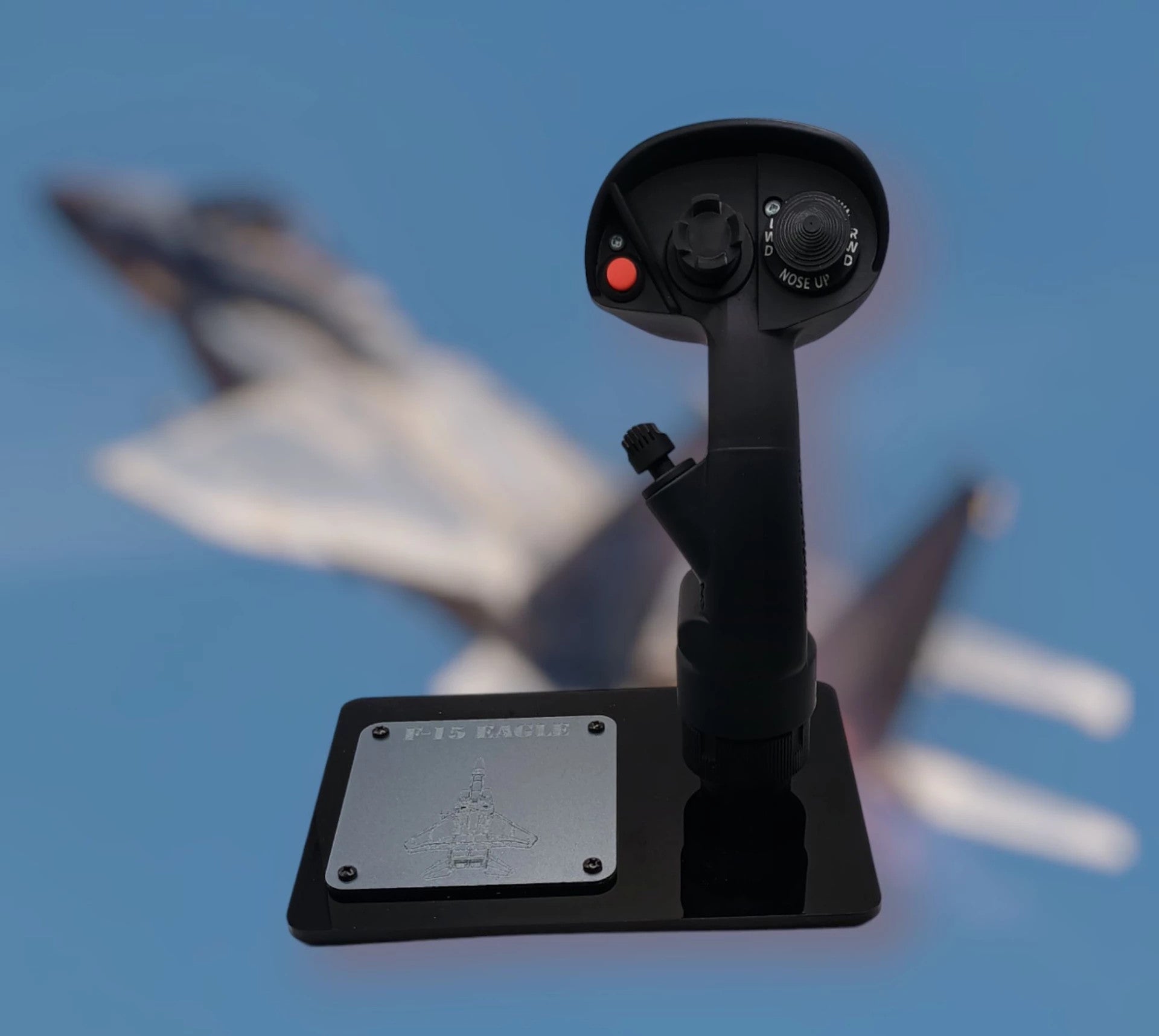 Front view of F-15 Eagle stick replica showing detailed control layout