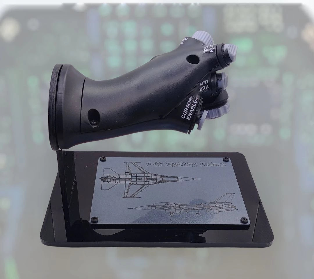 Front view of F-16 throttle replica with visible switches and toggles.