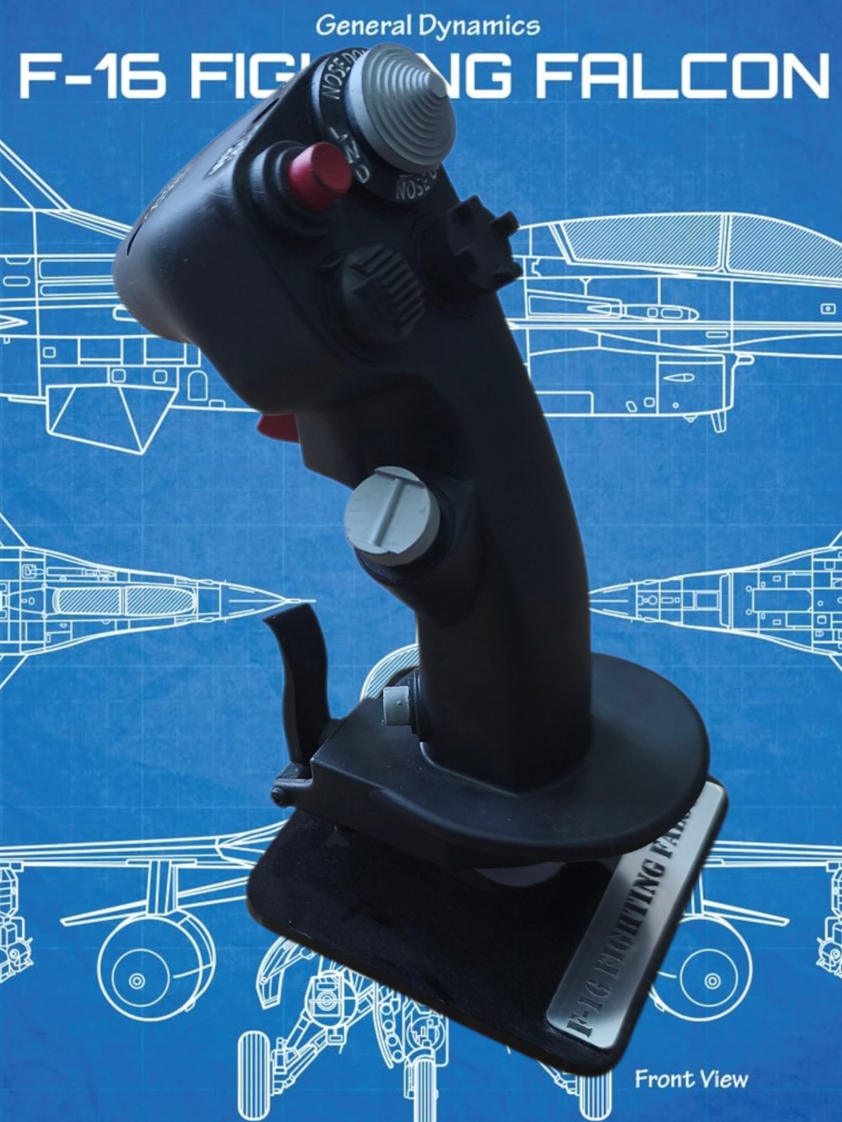 F-16 Fighting Falcon joystick on a blue background with aircraft blueprints