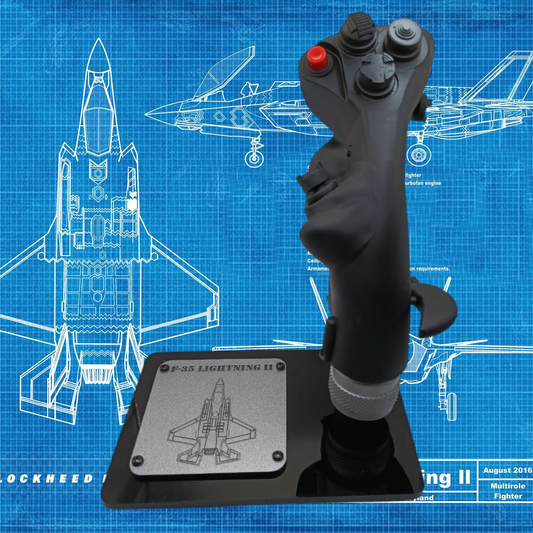 Front view of F-35 stick replica with black base and active switches.