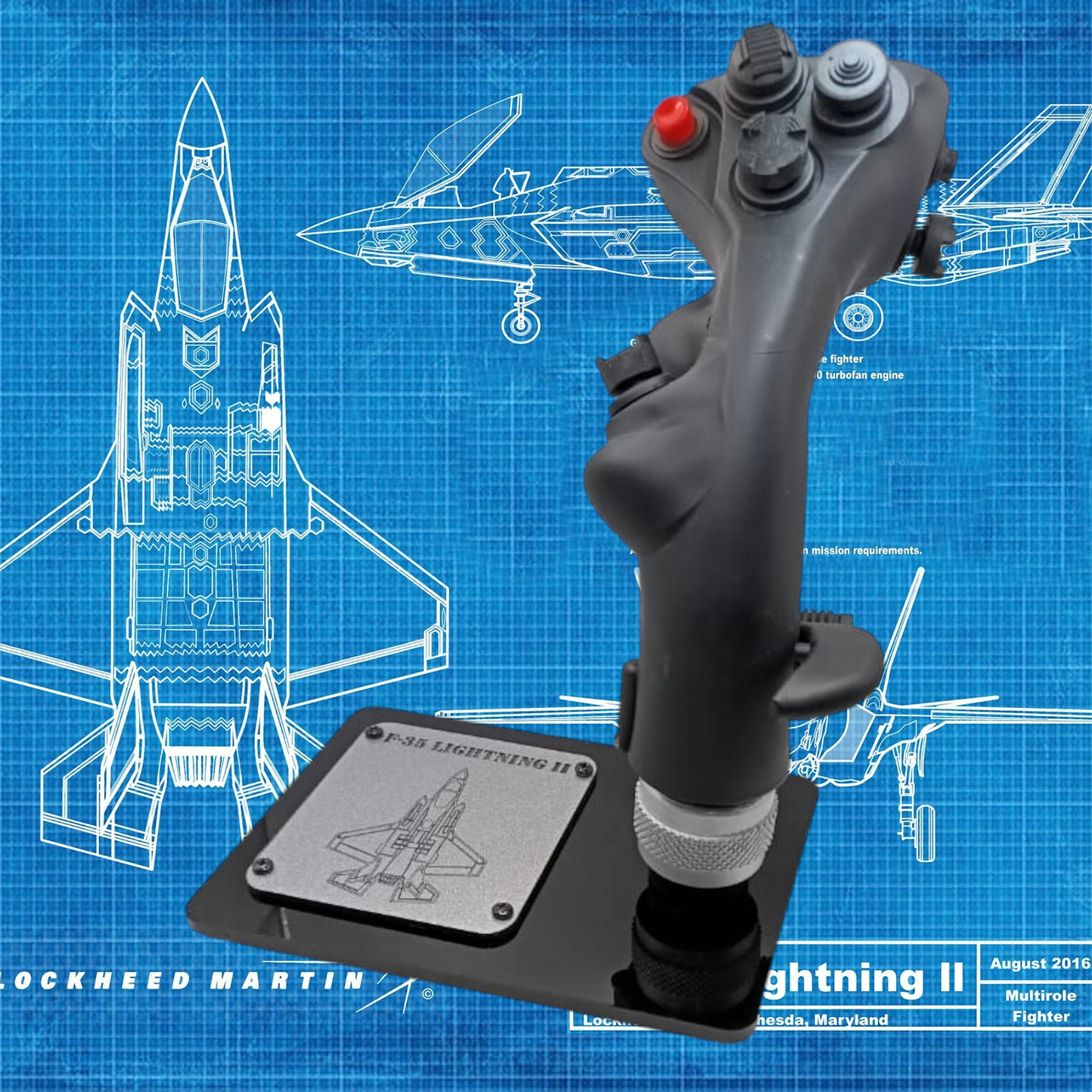 Right view of F-35 stick replica with HAT switches on black base.