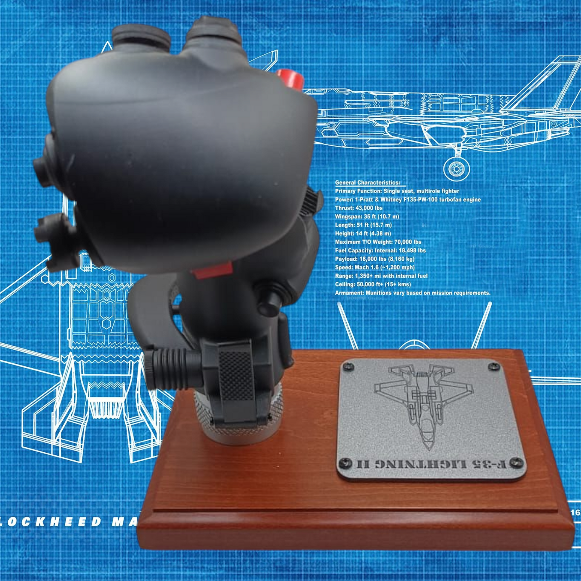 Rear angle of F-35 Lightning II replica stick mounted on wood base.