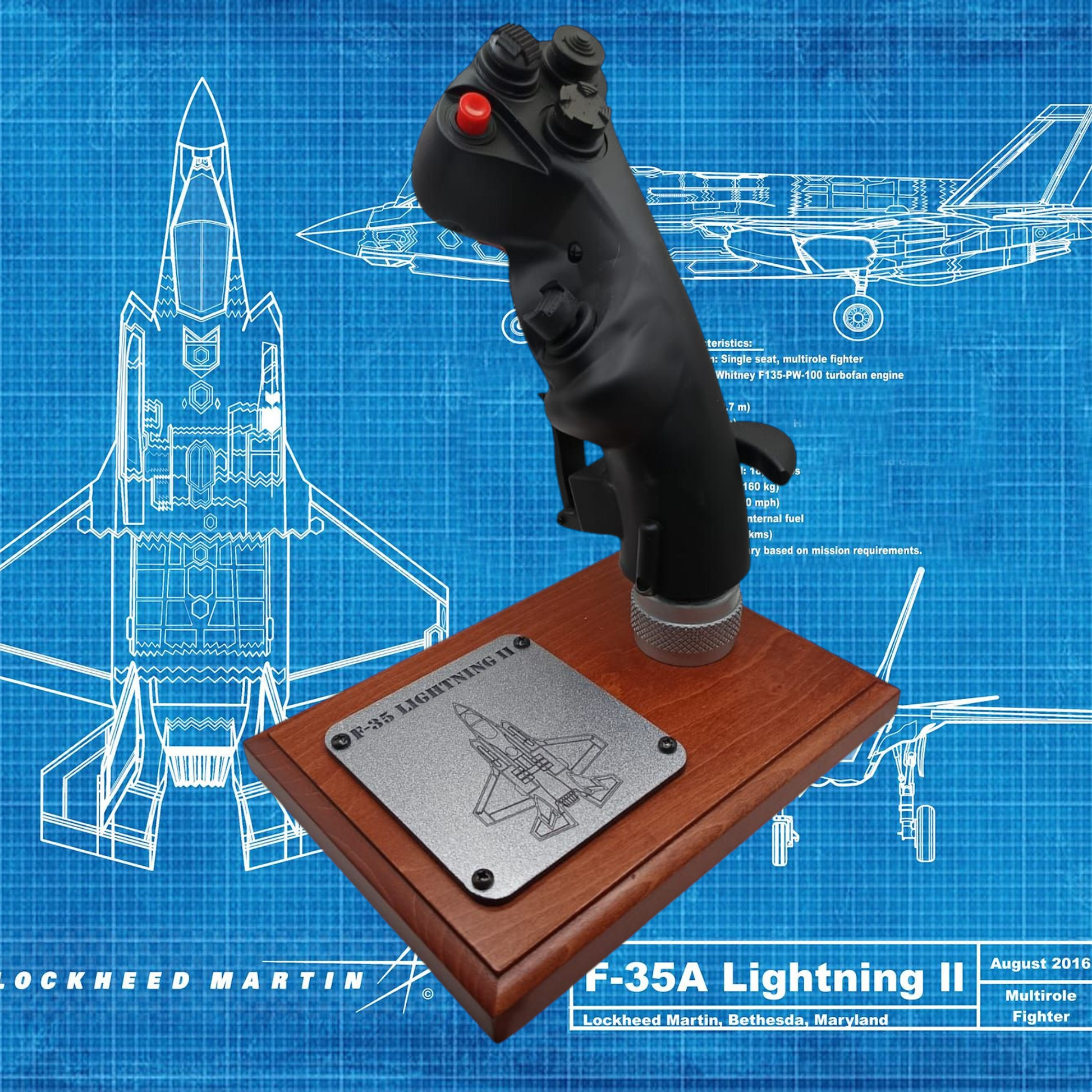 Left side of F-35 stick replica with switches and wood display base.