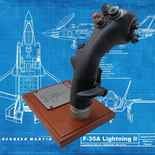 Right view of F-35 stick replica on wood base for aviation collectors.