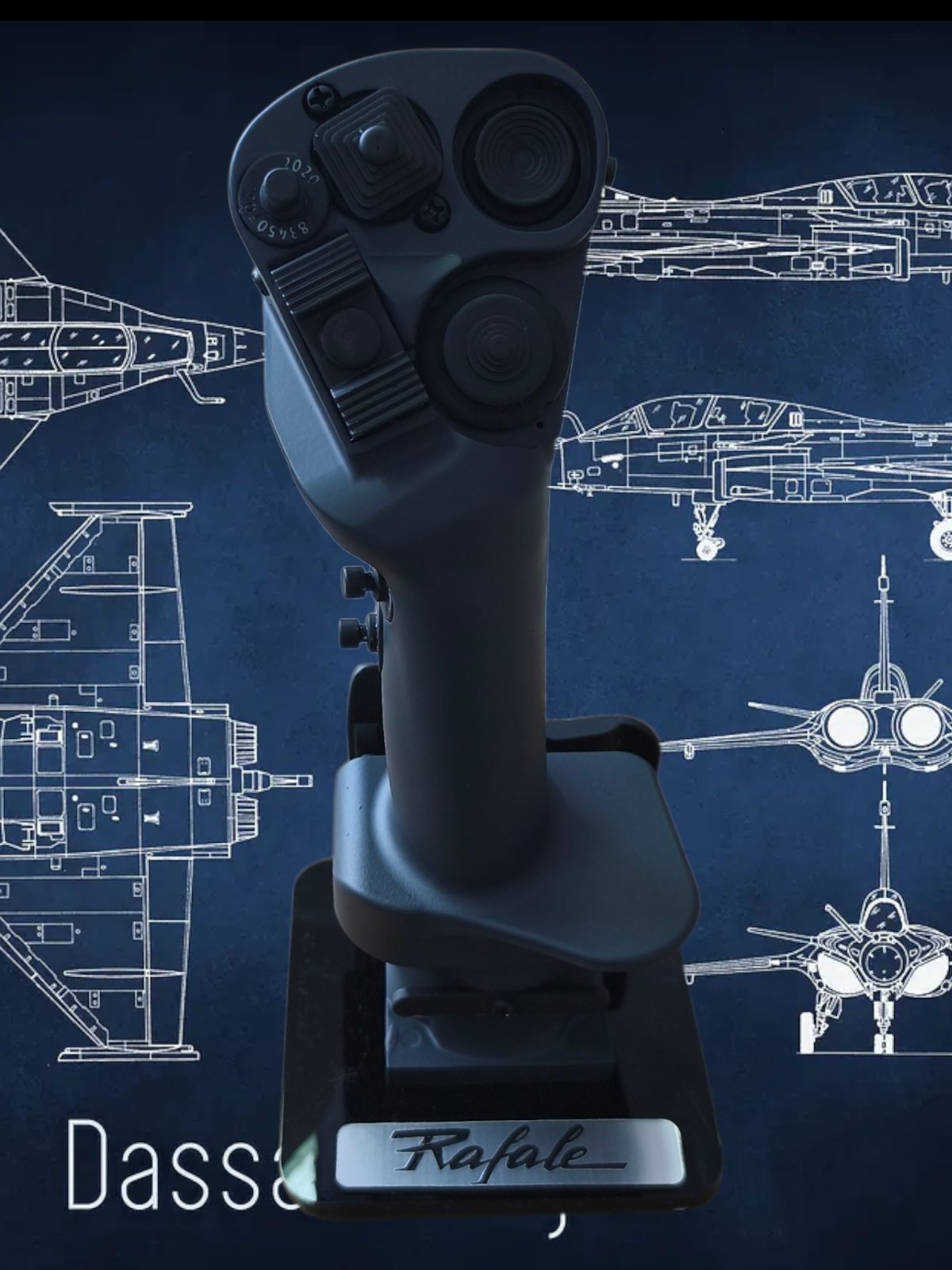 Control stick with 'Dassault Rafale' branding on a blue background with aircraft illustrations