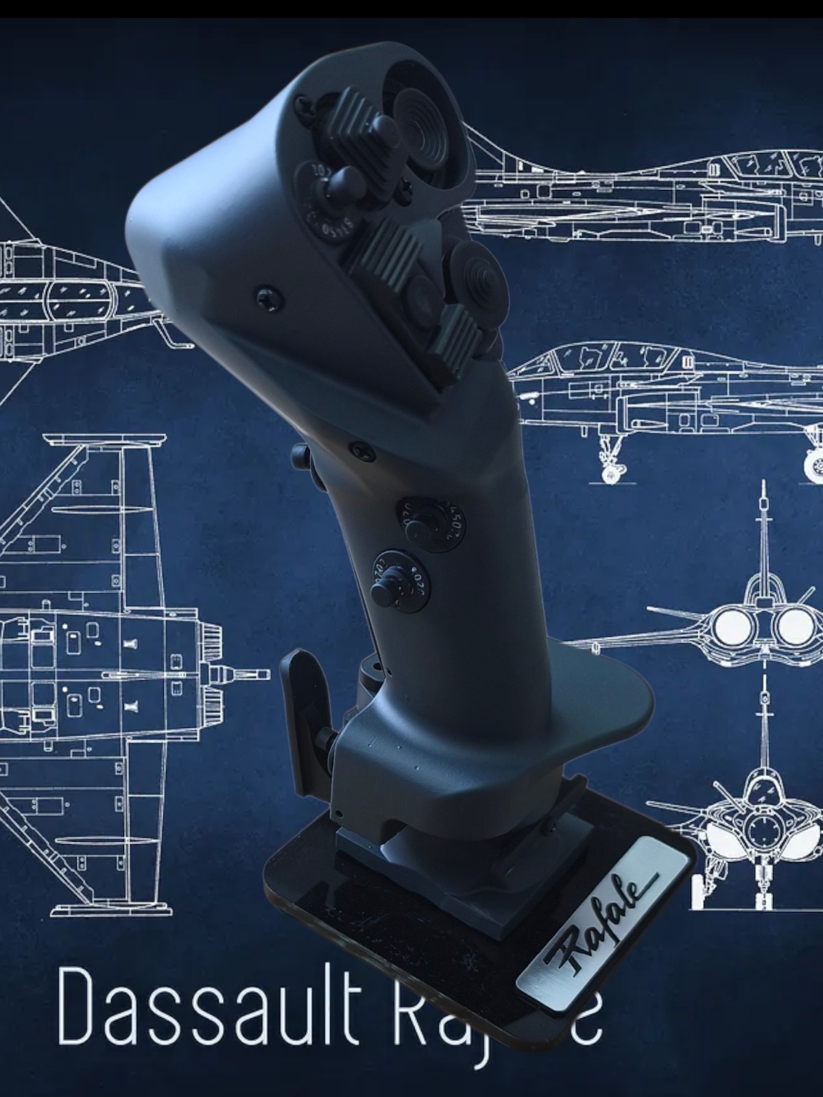 Black joystick with 'Rafale' branding on a blue background with technical drawings