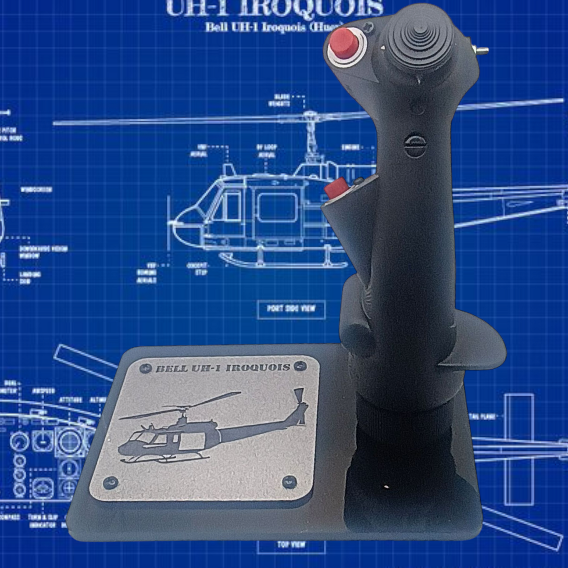 Front view of UH-1 cyclic stick replica with black display base.
